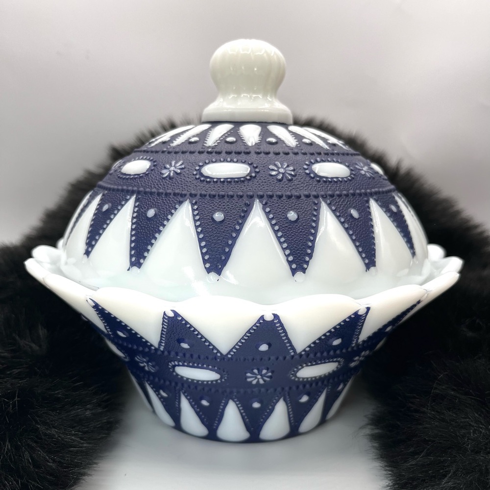 Vintage Phoenix Glass White Milk Glass Cobalt “Lacy Dew Drop” Pattern Bowl / Lid